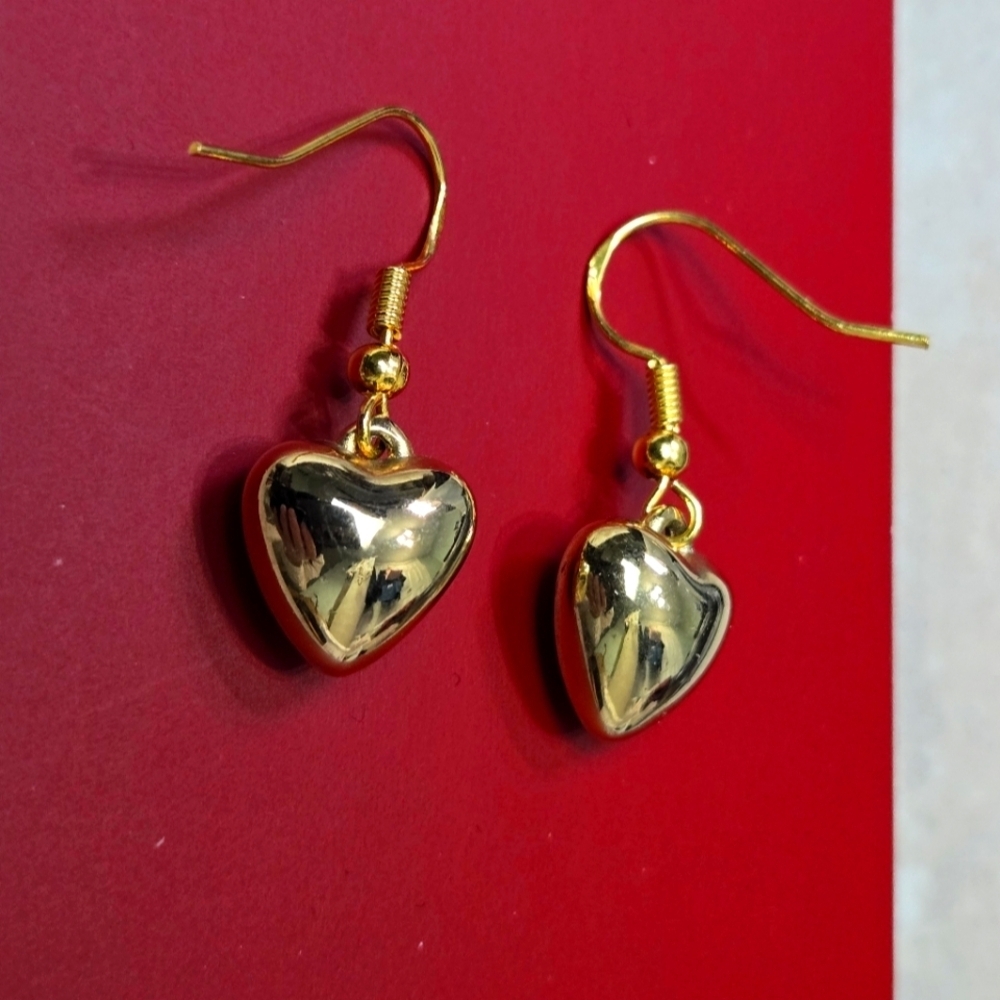 925 Silver Hook Gold Tone Puffy Heart Earrings